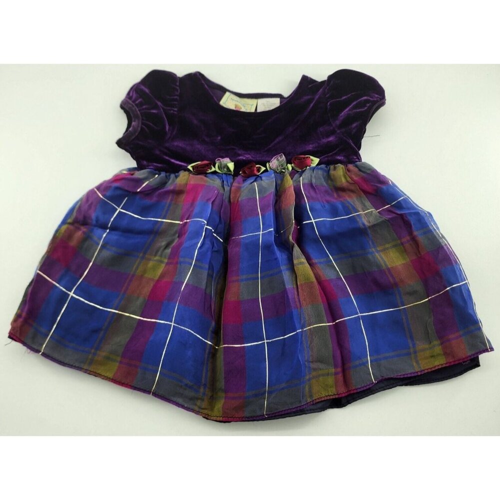 Marmellata Baby Girl Short Sleeve Party Dress Velvet Top Plaid Skirt Purple 6-9M